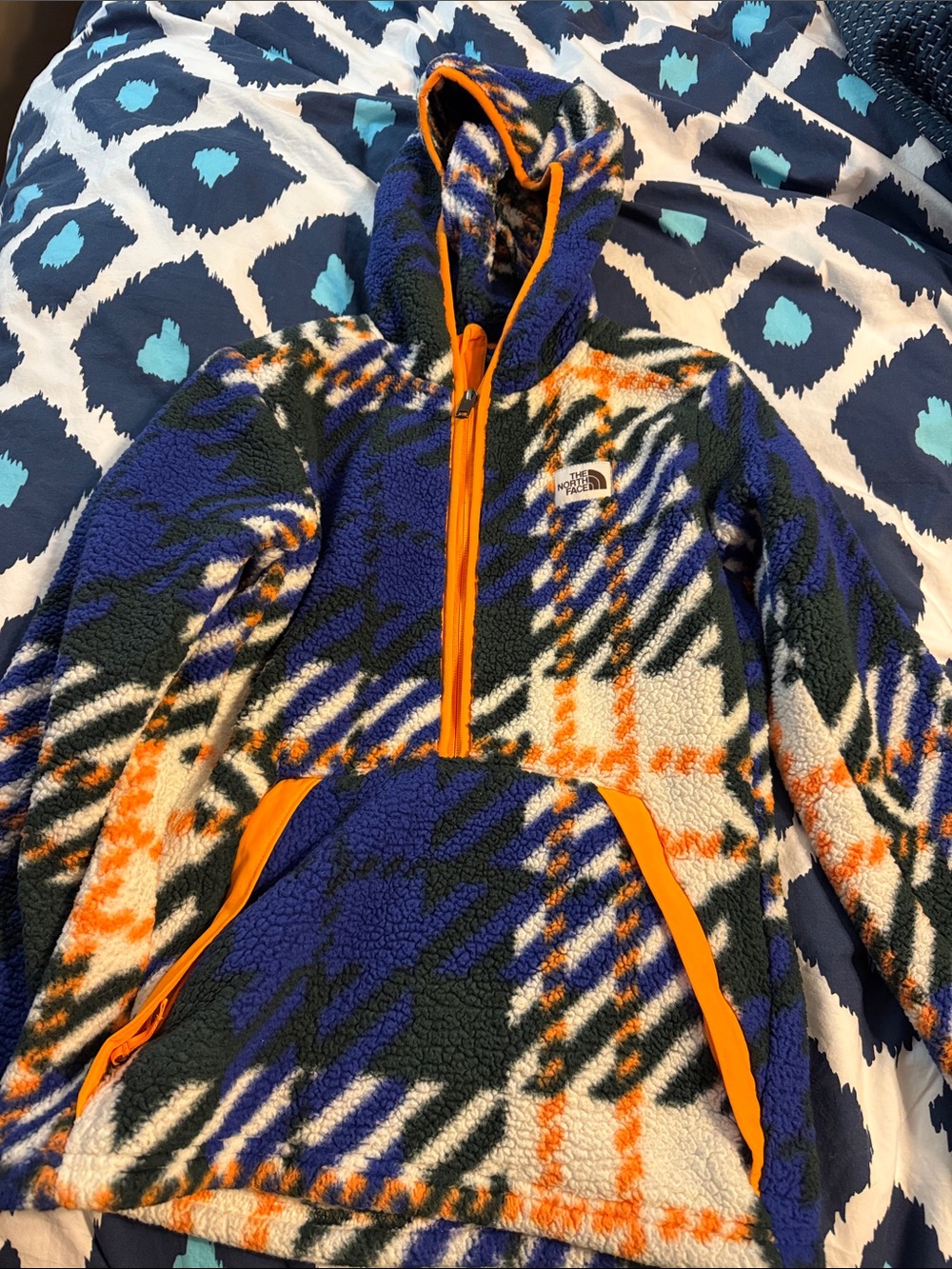 The North Face Hooded Sherpa Half-Zip in Blue, Orange & White